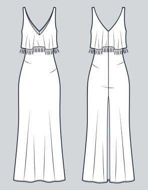 Uzun Önyargı Elbise Teknik Moda İllüstrasyonu. Tassel desenli elbise düz çizim şablonu, fırfırlar, arka fermuar, ön ve arka görüş, beyaz, kadın CAD modeli.