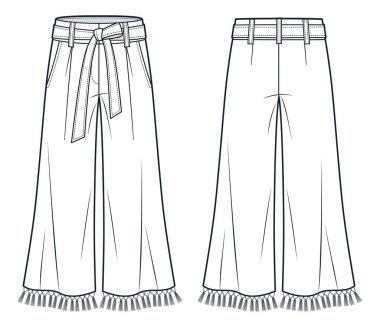  Tassel Trim Pants teknik moda illüstrasyonu. Geniş Pantolon Düz Teknik Çizim Şablonu, Kemer, Cepler, Ön ve Arka Görünüm, Beyaz, Kadınlar, Erkekler, unisex CAD.
