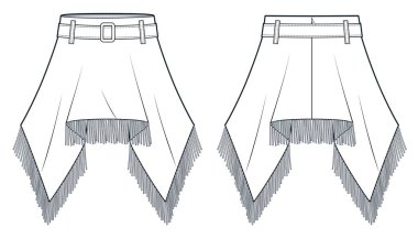 Asimetrik Etek Teknik Moda İllüstrasyonu. Tassel Trim Mini etek moda düz çizim şablonu, işaret fişeği, kemer, arka fermuar, ön ve arka manzara, beyaz, kadın CAD modeli.