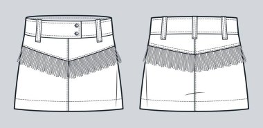 Fringe Etek Teknik Moda İllüstrasyonu. Denim mini etek moda düz çizim şablonu, ön ve arka görünüm, beyaz, kadın CAD modeli.