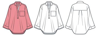  Yarım Düğmeli Gömlek teknik tasviri. Collar Shirt moda düz çizim şablonu, cep, çan kolu, ön ve arka görüş, beyaz, pembe, kadın, erkek, unisex CAD model seti.