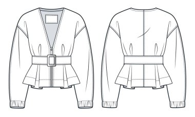 Fermuarlı Ceket Teknik Moda İllüstrasyonu. Kemerli Trençkot moda düz çizim şablonu, kırpılmış, ön ve arka görünüm, beyaz, kadın, erkek, unisex CAD modeli.