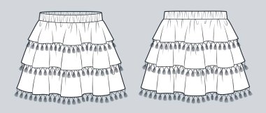  Katmanlı Tassel Etekli Teknik Moda İllüstrasyonu. Kat etekli düz çizim şablonu, mini boy, elastik kemer, ön ve arka görüş, beyaz, kadın CAD modeli.