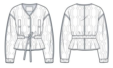 Down Jacket Teknik Moda İllüstrasyonu. Hafif yastıklı ceketli düz çizim şablonu, çizim bel, cepler, düğmeler, yakasız, ön ve arka görüş, beyaz, kadın, erkek, unisex CAD modeli.