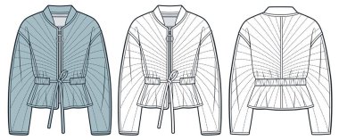 Down Jacket Teknik Moda İllüstrasyonu. Yorgan ceketli, düz teknik çizim şablonu, düz bel, fermuar, ön ve arka görüş, beyaz, mavi, kadın, erkek, unisex CAD model seti.