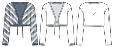 Kesilmiş Cardigan teknik moda tasarımı, moda tasarımı. Süveter moda düz çizim şablonu, v yaka, dantel, gevşek forma, ön ve arka görüş, beyaz, gri desen, kadınlar, erkekler, unisex CAD model seti.