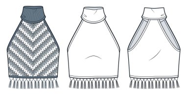 Örgü Top teknik moda illüstrasyonu, çizgili tasarım. Tassel Crop Top moda düz çizim şablonu, rahat forma, yuvarlak boyun, kolsuz, ön ve arka görüş, beyaz, gri, kadın CAD model seti.