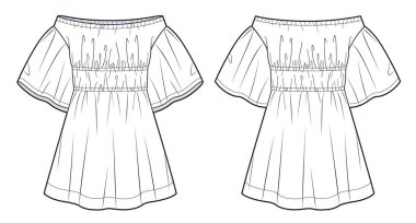 Mini Elbise Teknik Moda İllüstrasyonu. Fişekli kollu elbise düz çizim şablonu, omuz dışı, toplanma, ön ve arka görüş, beyaz, kadın CAD modeli.
