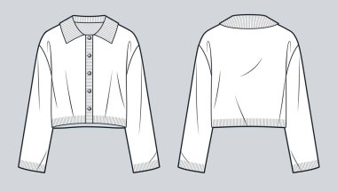 Crop Cardigan technical fashion illustration. Sweater fashion flat technical drawing template, collar, wide sleeve, buttons, relaxed fit, front and back view, white,women, men, unisex CAD mockup. clipart