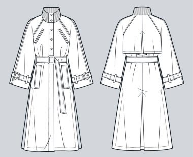  Trench Coat Teknik Moda İllüstrasyonu. Raglan Kollu Ceket Düz Teknik Şablon, Midi Uzunluğu, Kemer, geniş kollar, yan yarık, cepler, kaburga tasması, ön ve arka görüş, beyaz, kadın, erkek, unisex CAD modeli.