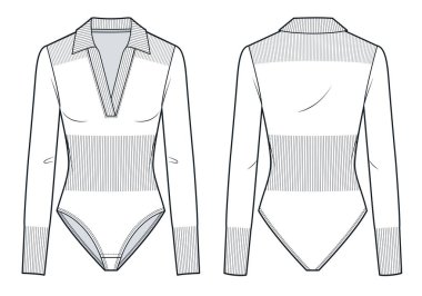  V Neck Bodysuit teknik moda illüstrasyonu. Polo Collar Bodysuit moda düz çizim şablonu, uzun kollu, kurdeleli, dar kesimli, önden ve arkadan görünüşlü, beyaz, kadın, unisex CAD modeli.