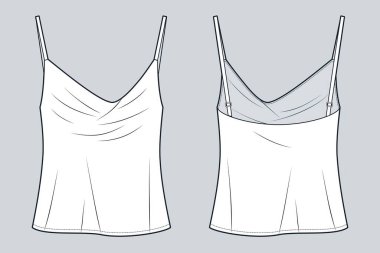 Halter Top teknik moda illüstrasyonu. Strap Top moda düz çizim şablonu, önyargı kesimi, ön ve arka görünüm, beyaz, kadın CAD modeli.