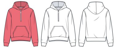 Yarı Zip Hoodie teknik moda illüstrasyonu. Sweatsirt moda düz çizim şablonu, cep, rahat format, ön ve arka görüş, pembe kırmızı, kadınlar, erkekler, unisex CAD model seti.