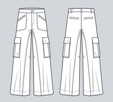 Kargo Pantolonu Teknik Moda İllüstrasyonu. Denim Pants moda düz çizim şablonu, cepler, ön ve arka görünüm, beyaz, kadın, erkek, unisex CAD modeli.