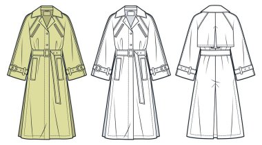 Trench Coat Teknik Moda İllüstrasyonu. Raglan Kollu Ceket Modeli 'nin düz çizim şablonu, midi uzunluğu, kemer, geniş kollar, yan yarık, cepler, ön ve arka görüş, beyaz, sarı, kadın, erkek, unisex CAD model seti.