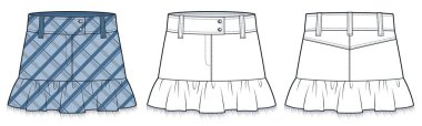Denim Etek Teknik Moda Çizimi, Kontrol Tasarımı. Ruffle mini etek moda düz çizim şablonu, ham kenar, ön ve arka görünüm, beyaz, mavi, kadın CAD model seti.