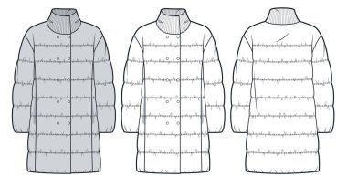 Down Jacket Teknik Moda İllüstrasyonu. Down Coat moda düz çizim şablonu, tırtıklı tasma, cep, ön ve arka görüş, beyaz, gri, kadın, erkek, unisex CAD model seti.