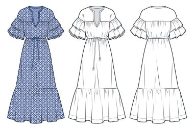 Ruffle Kollu Elbise Teknik Moda Çizimi, Çiçek Tasarımı. Sıralı moda düz çizim şablonu, asma bel, ön ve arka görünüm, beyaz, mavi, kadın CAD model seti.