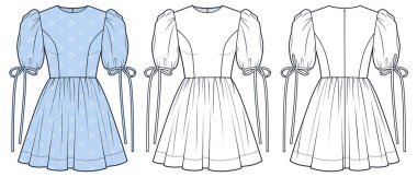 Kabarık Kollu Elbise Teknik Moda Çizimi, Çiçek desenli. Mini elbise düz çizim şablonu, yuvarlak boyun, arka fermuar, kravat kolları, ön ve arka görüş, beyaz, mavi, kadın CAD model seti.