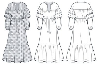 Ruffle Dress teknik moda illüstrasyonu, geometrik desen. Boho Elbise düz teknik şablon, v yaka, maksimum boy, balon kolu, katlı, ön ve arka manzara, beyaz, gri, kadın CAD model seti.