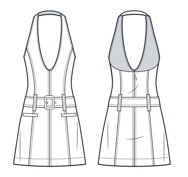 Halter Neck Teknik Moda İllüstrasyonu. Denim mini elbise düz teknik çizim şablonu, düşük boyun, arka fermuar, cepler, ön ve arka görüş, beyaz, kadın CAD modeli giyin.