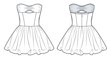Sholder Elbisesi Teknik Moda İllüstrasyonu. Drape Mini elbise düz teknik çizim şablonu, balon etek, ön ve arka manzara, beyaz, kadın CAD modeli giyin.