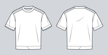 Tişört moda düz teknik çizim şablonu. Unisex T-Shirt kaburga kemikli teknik tasviri, rahat forma, ön ve arka görünüm, beyaz, kadın, erkek, unisex CAD modeli.