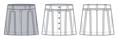 Mini etek teknik moda illüstrasyonu. Etekli moda düz çizim şablonu, kemer, ön ve arka görünüm, beyaz, gri, kadın CAD model seti.