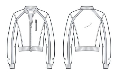 Bombacı ceketi moda düz teknik çizim şablonu. Fermuarlı Ceket Teknik Modelleme, Cepler, Stipes, rahat forma, ön ve arka görünüm, beyaz, kadın, erkek, unisex CAD modeli.