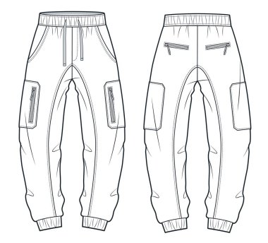 Kargo Koşu Pantolonu moda düz çizim şablonu. Jersey Pants teknik moda illüstrasyonu, elastik bel, cepler, ön ve arka görüş, beyaz, kadın, erkek, unisex CAD modeli.