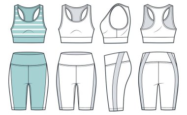 Crop Top and Cycling Shorts technical fashion illustration, striped design. Leggings, Tank Top fashion flat technical drawing template, slim fit, front, side and back view, white, green, women Sportswear CAD mockup set. clipart