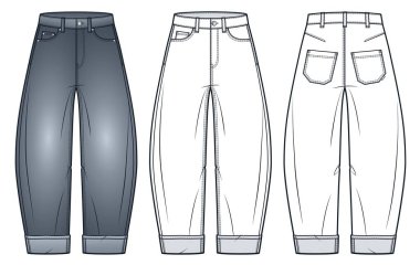  Barrel Leg Jeans technical fashion illustration. Denim Pants fashion flat technical drawing template, mid rise, pockets, cuffs, front and back view, white, grey, women, men, unisex CAD mockup set. clipart