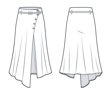 Midi Skirt technical fashion illustration. Asymmetric Wrap Skirt fashion flat technical drawing template, midi length, bias, A line, belt, buttons, front and back view, white, women CAD mockup. clipart