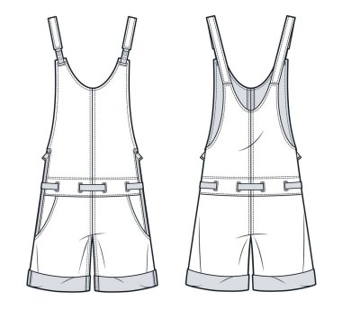 Dungaree Shorts moda düz çizim şablonu. Denim Jumpsuit teknik moda illüstrasyonu, cepler, kemer, yan fermuarlar, ön ve arka görünüş, beyaz, kadın, erkek, unisex CAD modeli.