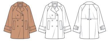 Trench Coat Teknik Moda İllüstrasyonu. Paltolarını ilikle, düz çizim şablonu, çift göğüslü, cepli, büyük boy, ön ve arka görünüm, beyaz, moka rengi, kadınlar, erkekler, unisex CAD model seti.