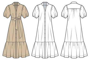 Puff Sleeve long Dress technical fashion illustration. Shirt Dress fashion flat technical drawing template, button up, ruffle, A line, relaxed fit, front and back view, white, beige, women Dress CAD mockup set. clipart