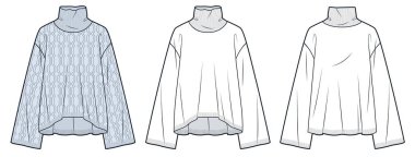 Kablolu örgü süveter teknik moda illüstrasyonu. Roll Neck süveter düz çizim şablonu, geniş kollu, geniş omuzlu, geniş omuzlu, geniş omuzlu, ön ve arka görüşlü, beyaz, mavi, kadın, erkek, unisex CAD model seti.