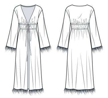 Women Kimono Robe with Feather Trim technical fashion illustration. Long Tunic Dress fashion flat technical drawing template, drawstring, draped, belted, front and back view, white, women Dress CAD mockup. clipart