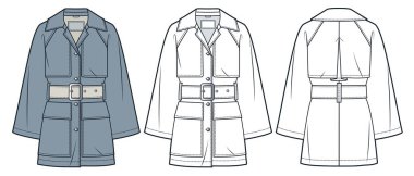 Trench Coat teknik moda tasarımı, moda tasarımı. Raglan Kollu Ceket Modeli 'nin düz çizim şablonu, düğmeler, cepler, kemer, rahat uyum, ön ve arka görüş, beyaz, mavi gri, kadınlar, erkekler, unisex CAD model seti.
