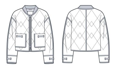 Down Jacket Teknik Moda İllüstrasyonu. Bombardıman ceketi moda düz çizim şablonu, cepler, fermuar, göz yuvası, yorgan, ön ve arka görüş, beyaz, kadın, erkek, unisex CAD modeli.