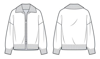 Tasma Cardigan teknik moda illüstrasyonu. Cardigan süveter düz teknik çizim şablonu, ön fermuar, rahat formda, ön ve arka görüş, beyaz, kadın, erkek, unisex CAD modeli.