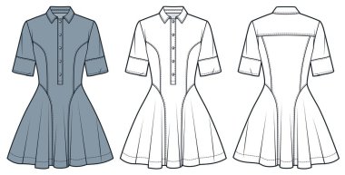 Gömlek Teknik Moda İllüstrasyonu. Fişekli mini elbise düz teknik çizim şablonu, düğmeler, kısa kollar, ön ve arka görünüm, beyaz, mavi, kadın CAD model seti.