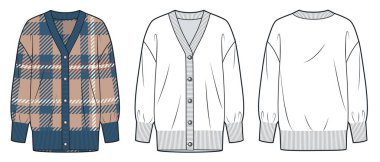 Uzun örgü Cardigan teknik moda illüstrasyonu, ekose desenli. Cardigan Süveter moda düz çizim şablonu, v yaka, düğmeler, büyük boy, ön ve arka görünüm, beyaz, mavi, moka, kadınlar, erkekler, unisex CAD model seti.