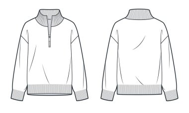 Yarı fermuarlı süveter teknik moda illüstrasyonu. Roll Neck süveter düz çizim şablonu, fermuar, rahat formda, önden ve arkadan görüş, beyaz, kadın, erkek, unisex CAD modeli.