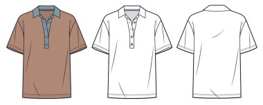 Polo Shirt teknik moda illüstrasyonu. Yarım düğmeli tişört düz çizim şablonu, kısa kollu, polo yakalı, rahat formda, önden ve arkadan görünüşlü, beyaz, mocha, kadınlar, erkekler, unisex Top CAD model seti.