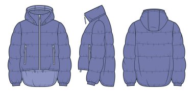 Kapüşonlu Ceket Teknik Moda İllüstrasyonu. Unisex Down Jacket moda düz çizim şablonu, cepler, asimetrik kenar, ön, yan ve arka görünüm, menekşe, kadın, erkek, unisex CAD model seti.