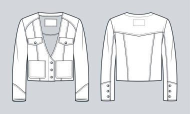 Terzi ceketi teknik moda tasviri. Denim Jacket moda düz çizim şablonu, düğmeler, üç çeyrek kol, alçak boyun, ön ve arka görüş, beyaz, kadın, erkek, unisex CAD modeli. 