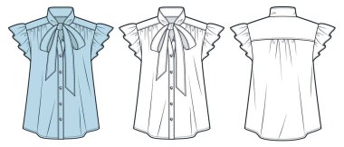 Blouse technical fashion Illustration. Ruffled Shirt fashion flat technical drawing template, buttons, bow tie neck, front and back view, white, blue, women Top CAD mockup set. clipart