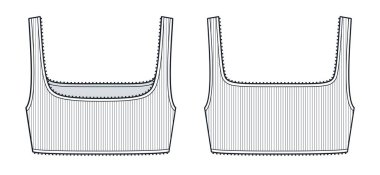 Crop Top teknik moda illüstrasyonu. Spor sutyeni düz teknik çizim şablonu, kare boyun, tırtıklı, dar kesim, ön ve arka görünüm, beyaz, kadın Top CAD modeli..