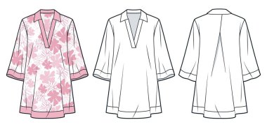 Tunik Elbise Teknik Moda İllüstrasyonu, Çiçek deseni. Bell Kollu Elbise Düz Teknik Şablon, mini, üç çeyrek kollu, rahat forma, ön ve arka görüş, beyaz, pembe, kadın, unisex CAD model seti.